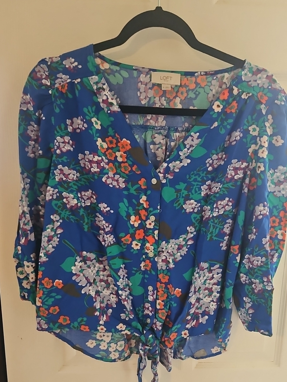 LOFT Royal Blue Floral Tie-Hem Blouse